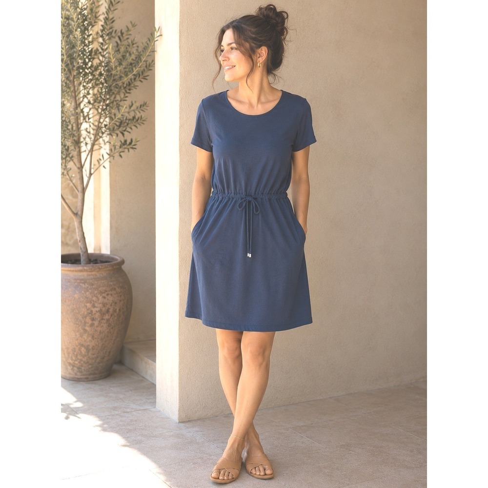 Lands End Womens Navy Blue Short Drawstring Waist Knit Dress Cover-Up Large